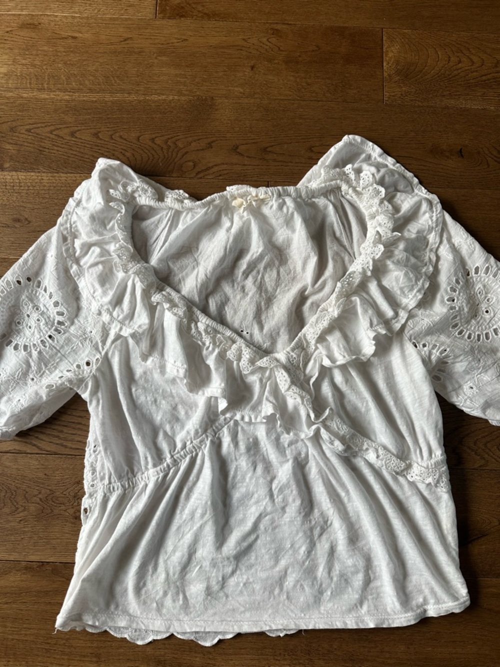 Anthropologie White Eyelet Ruffle V-Neck Top - Picture 5 of 10